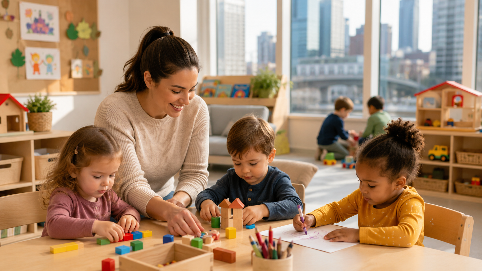 Happy children engaged in play-based learning activities at a safe and licensed daycare in downtown Fort McMurray classroom setting